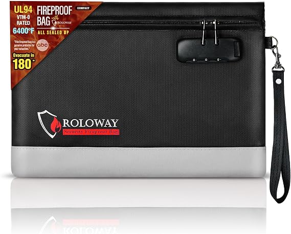 ROLOWAY Fireproof Money Bag with Lock for Cash, 6400F Fire Proof Document Bag (12.2 x 8.5 x 1.6 inches), Money Pouch with Zipper (Black)