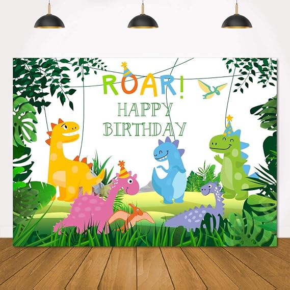 Lofaris 7x5ft Cartoon Dinosaur Theme Backdrop Birthday Party Wild Forest Baby Shower Newborn Infant Child Kids Colorful Photography Background Cake Table Banner Decorations Photo Booth Studio Props