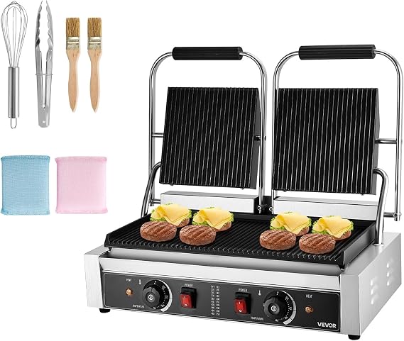 VEVOR Commercial Panini Grill, 3600W Electric Sandwich Panini Maker, Stainless Steel Double Sandwichs Press with Handle and Temp Control, 19x9 in Full Grooved Enamel Plate, for Hamburger Steak Bacon