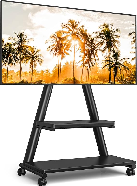 Rolling TV Stand for 43-80" TVs up to 150lbs | Portable Stand on Wheels with Enhanced Triangular Design, Height Adjustable Mobile Cart with Swivel/Tilt/Dual Shelves