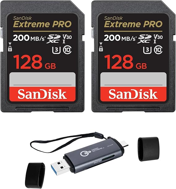 SanDisk Extreme PRO 128GB 2-Pack UHS-I U3 SDXC Memory Card + Green Extreme USB 3.0 Type-A and Type-C OTG Card Reader
