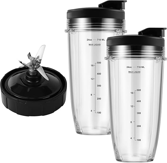 MEET JUICE 7-Fin Blender Replacement Parts for Ninja BL480 BL640 BL642 24oz Cup with Lid and Blade, Fits 7-Fin Drive Systems Only