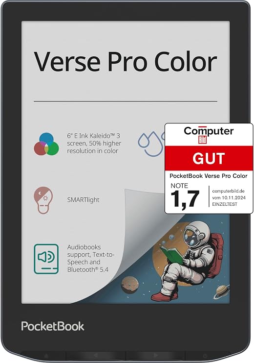 PocketBook Verse Pro Color E-Reader, 6 Inch E-Ink Colour Display, 16 GB, Bluetooth, Waterproof, Grey - DE/at/CH Version