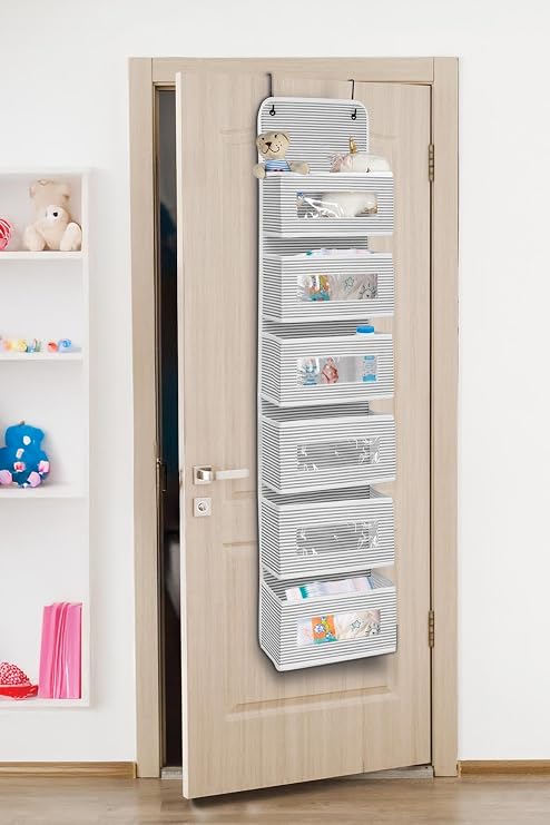 6 Tiers Behind the Door Organizer Shelf Baby Items Kids Room Bathroom Organizer (Grey - White Striped)
