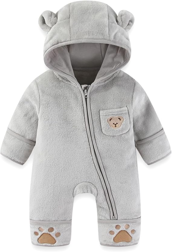 JiAmy Baby Snowsuit Fleece Bunting - Newborn Spring Bear Onesie Warm Hooded Romper with Foldover for Infant Boys Girls