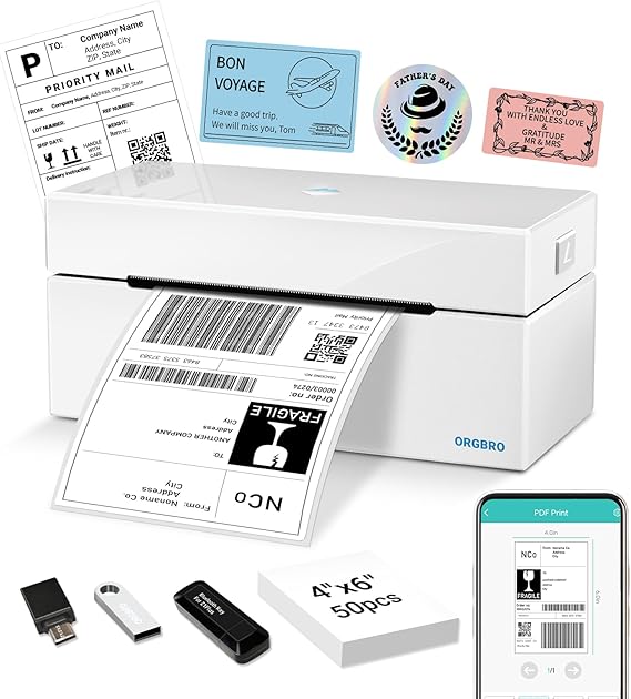 ORGBRO Bluetooth Thermal Shipping Label Printer, Z1-Plus Wireless 4X6 Shipping Label Printer for Small Business Office or Home Support iPhone Android Windows macOS Chrome Amazon Shopify USPS