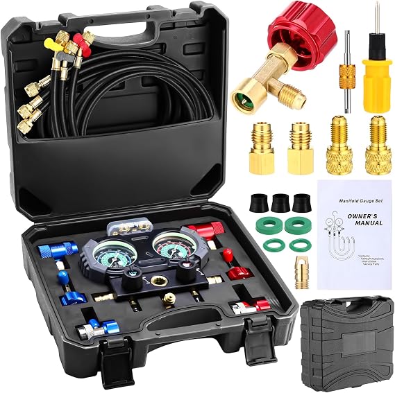 Threlaco 3 Way Ac Manifold Gauge Set for R134a R1234yf R410a R32 | Ac Gauge Set with 5 ft Hoses, Quick Couplers, Can Taps and Case for Car Ac Charging, Evacuation and HVAC Service