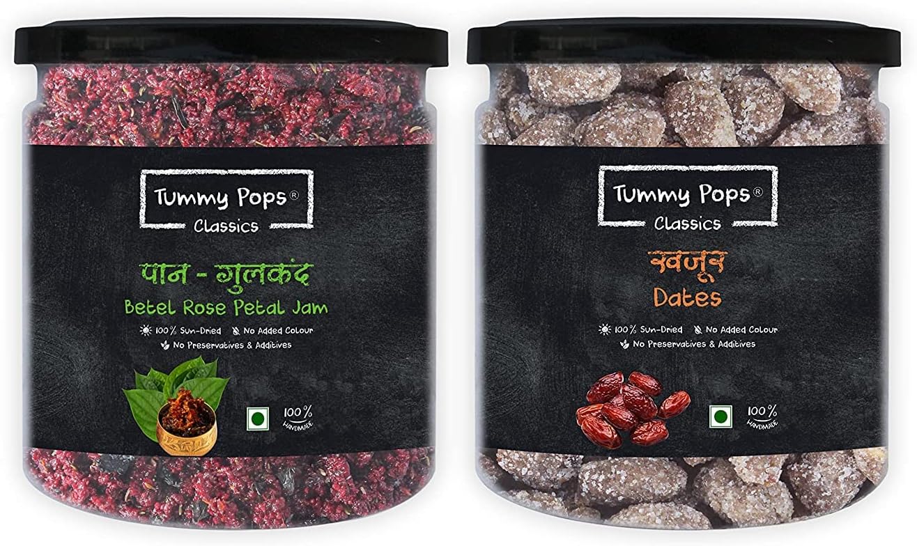 Herbs & Us Tummy Pops Mukhwas Mouth Freshener Meetha Paan Gulkand - 300gm & Khajur Dates - 275gm Jar | DigestivesChuranGoli | Mukhwas Packets