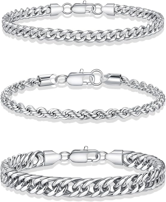 Yoosteel Silver Stackable Bracelets Stack for Men Non Tarnish | Stainless Steel Bracelet Stack, Cuban Rope Figaro Link Chain Bracelets Set, Men Trendy Jewelry Gifts, 3PCS, 7.5/8.3/9.0"