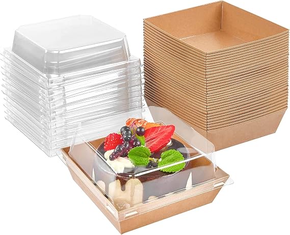 LATERN 50Pcs Cake Slice Boxes with Clear Lids, 12CM Oil-Proof Paper Charcuterie Boxes Dessert Boxes Food Containers Cupcake Boxs Takeaway Boxes for Bakery Macaron Sandwich Cookies (Brown)