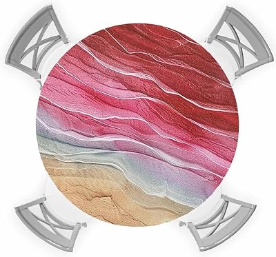 Round Fitted Tablecloth Red Gradient Seaside Ocean Wave Ombre Elastic Table Cloth Waterproof Oil Proof Table Cover Fits 55-60 Round Tables for Party Picnic Dinner Decor