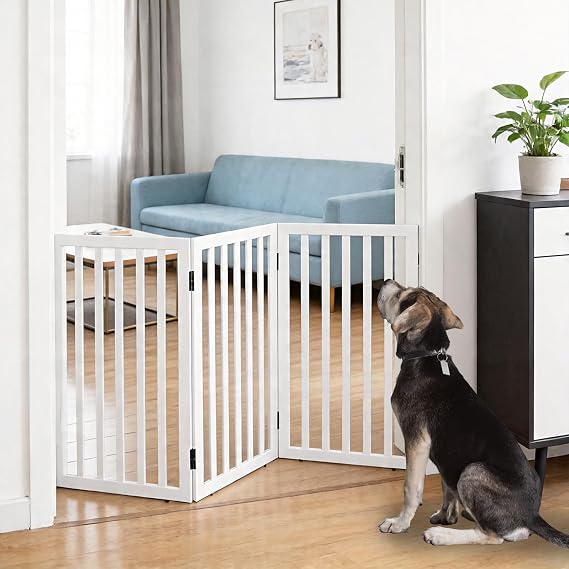 Dog Gate Indoor, Freestanding Dog Fence for The House, Doorways, Hallways,or Stairs,Pet Gate Foldable Wooden,Expandable 32" Height 3 Panels,White