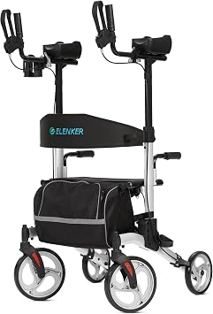 ELENKER Upright Walker, Stand Up Folding Rollator Walker with 10 Front Wheels Backrest Seat and Padded Armrests for Seniors and Adults, Silver