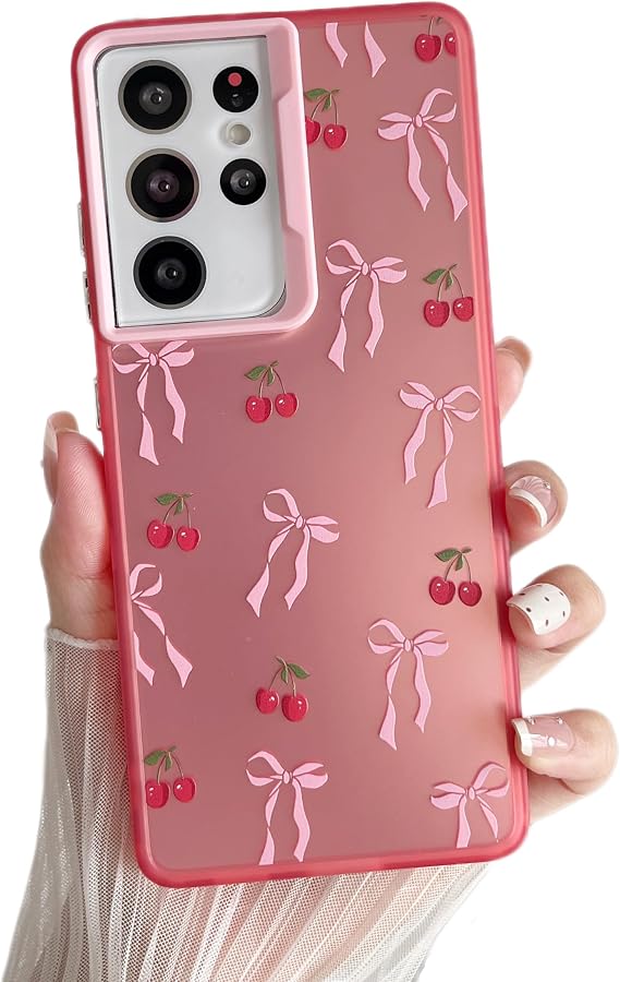ZTOFERA for Samsung Galaxy S21 Ultra 5G Case,Cute Pink Ribbon Bow Tie Aesthetic Phone Case,Trendy Slim Hard IMD Shockproof Protective Bumper Phone Cover for Women Girls,Cherry