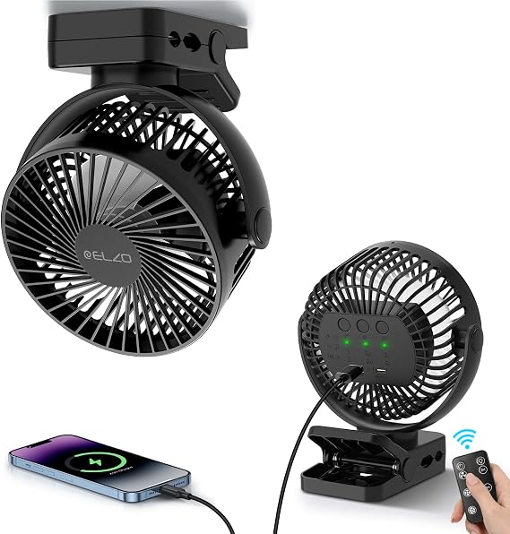 ELZO 12000mAh Clip on Fan, USB Desk Fan Rechargeable | with LED Light & Hanging Hook & Magnetic (Black)