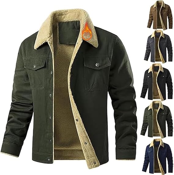 Men's Retro Western Winter Fleece Jacket,Sherpa Lined Trucker Coat with Cargo Pockets,Lapel Work Jacket for Outdoor