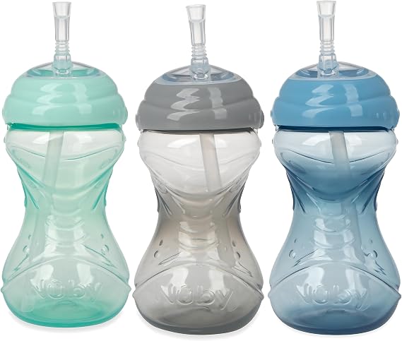 Nuby 3 Count No-Spill Easy Grip Cup - 10 oz | Flex Straw - Clik It Lock Feature - Neutral