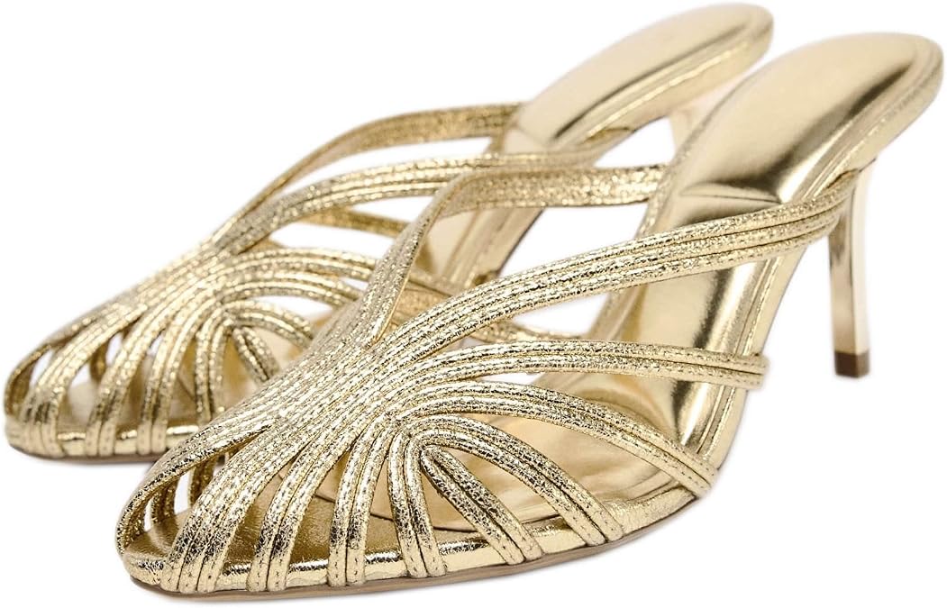 Kluolandi Gold Mule Heels for Women Metallic Straps Slip On Heeled Mules Sandals Closed Toe Dressy Pumps Shoes
