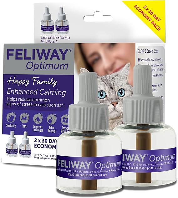 FELIWAY Optimum Cat Calming Diffuser Refill Cat Pheromone Diffuser Refill for Advanced Support to Reduce Stress, Spraying, Scratching, Fighting and Hiding 2 Pack