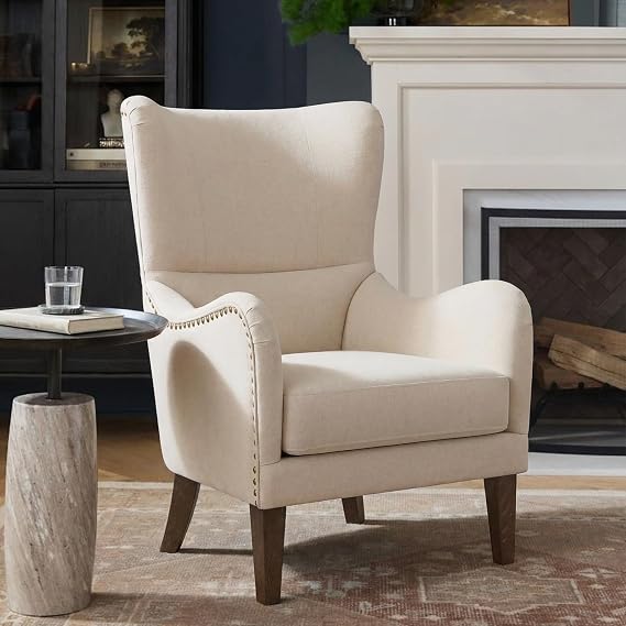 Christopher Knight Home Modern Wingback Accent Chair, Linen Upholstered Armchair with Solid Ash Wood Legs and Nailhead Trim, High Back Living Room Bedroom Side Chair, Beige