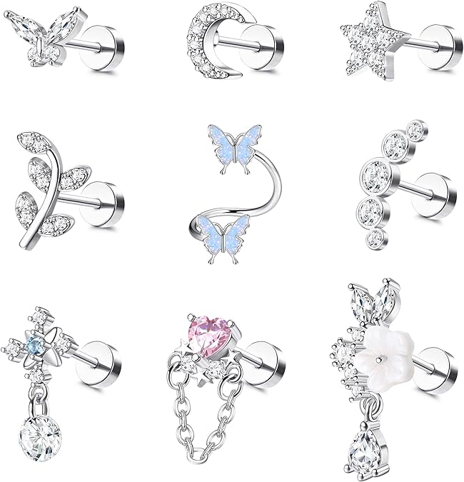 LOLIAS 16 Gauge Flat Back Cartilage Earrings for Women Hypoallergenic Stud | 9Pcs Stainless Steel Earrings for Sensitive Ears Leaf Butterfly CZ Flatback Earring Set Helix Tragus Piercing Jewelry