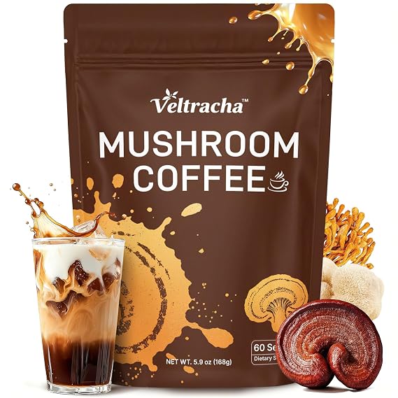 Veltracha Mushroom Coffee, Lions Mane & Cordyceps, Instant Arabica, 60 ct