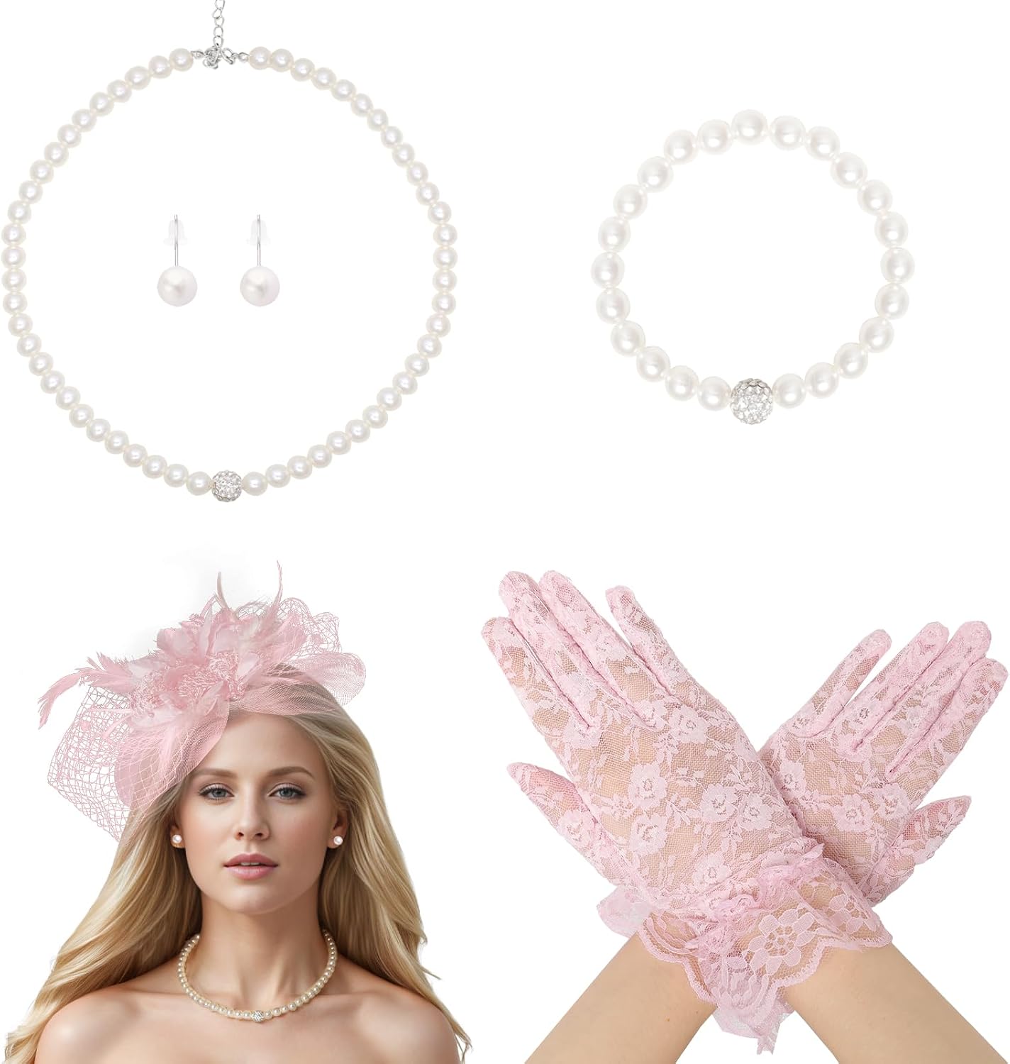 5Pcs Tea Party Fascinator Hat for Women Mesh Fascinators for Women Feather Flower Hat Lace Glove Pearl Jewelry Set
