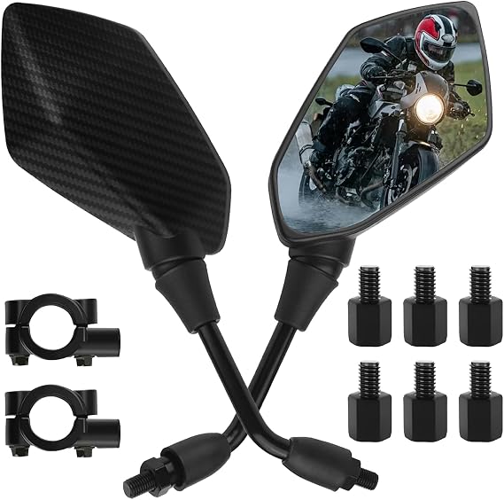 2Pcs Motorcycle Mirrors Universal 360°Adjustable Carbon Fiber Bar End Mirrors Motorcycle with 8MM & 10MM Screw High Definition Motorbike Wing Mirrors