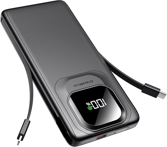 Portable Charger with Built-in Cables,22.5W Super Fast Charging Power Bank Slim Phone Charger,10000mAh Travel Battery Pack Battery Bank with Smart LED Display for iPhone, Android & USB-C