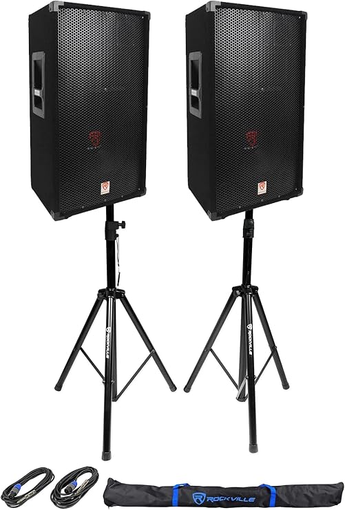 Rockville RSG12 Bundle: (2) 12-inch 3-Way 1000-Watt Peak / 500-Watt RMS 8-Ohm Passive DJ PA Speakers, (2) RVSS2-TSNL4 Tripod Stands and 20 ft 1/4 in to SpeakOn Cables, 4-Items