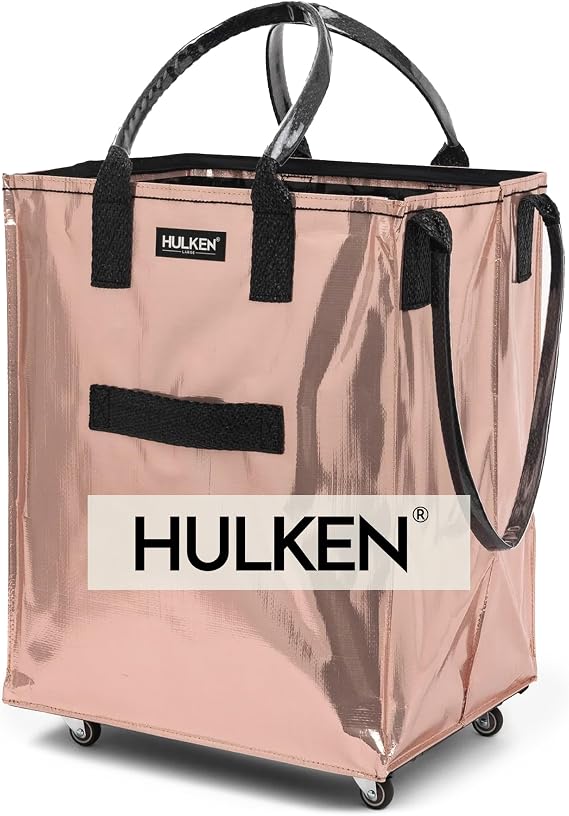 HULKEN - Large Rose Gold Shopping Trolley on Wheels Foldable & Reusable - Rolling Shopping Bag with Wheels - Wheeled Tote - 66 lb Limit, Zipper Closure, Water-Resistance, Unbreakable Handles
