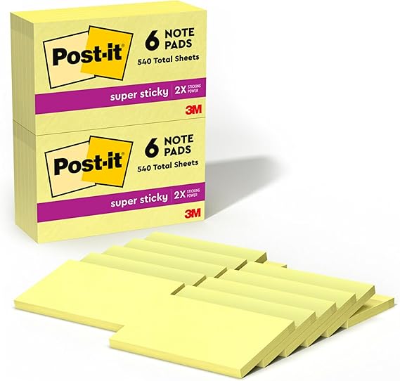 Post-it Super Sticky Notes, 12 Sticky Note Pads, 3 x 5 in., School Supplies for Students, Ideal for Textbooks, Notebooks, Walls and Vertical Surfaces, Canary Yellow