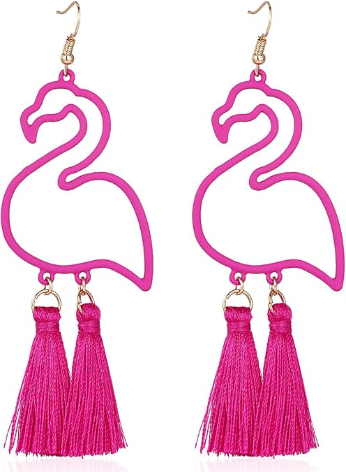 Flamingo Earrings Bohemian Short Fringe Drap Hook Stud Clip Summer Eardrop White Green