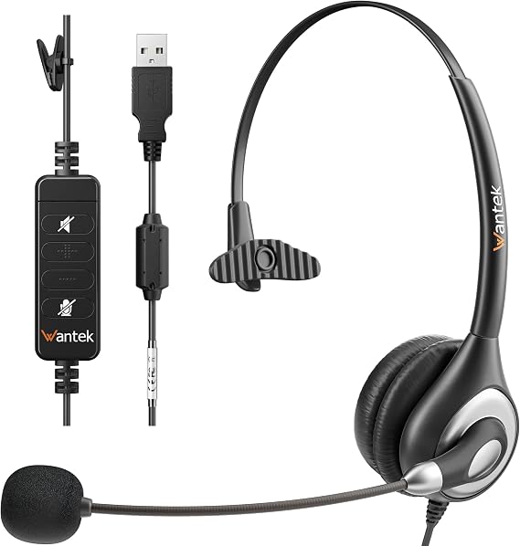 Wantek Corded USB Headsets Mono with Noise Cancelling Mic and in-line Controls, UC Business Headset for Skype, SoftPhone, Call Center, Crystal Clear Chat, Super Lightweight, Ultra Comfort (UC600)