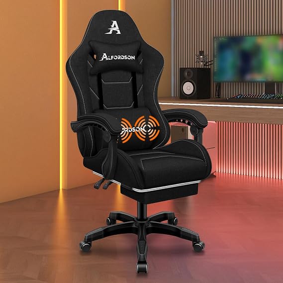 ALFORDSON Ergonomic Gaming Chair with Massage, Office Gamer Chair with Retractable Footrest, Massagging Lumbar, Adjustable Height, Comfortable Seat, 150° Recliner, Supports 180 kg, Linen (Black)