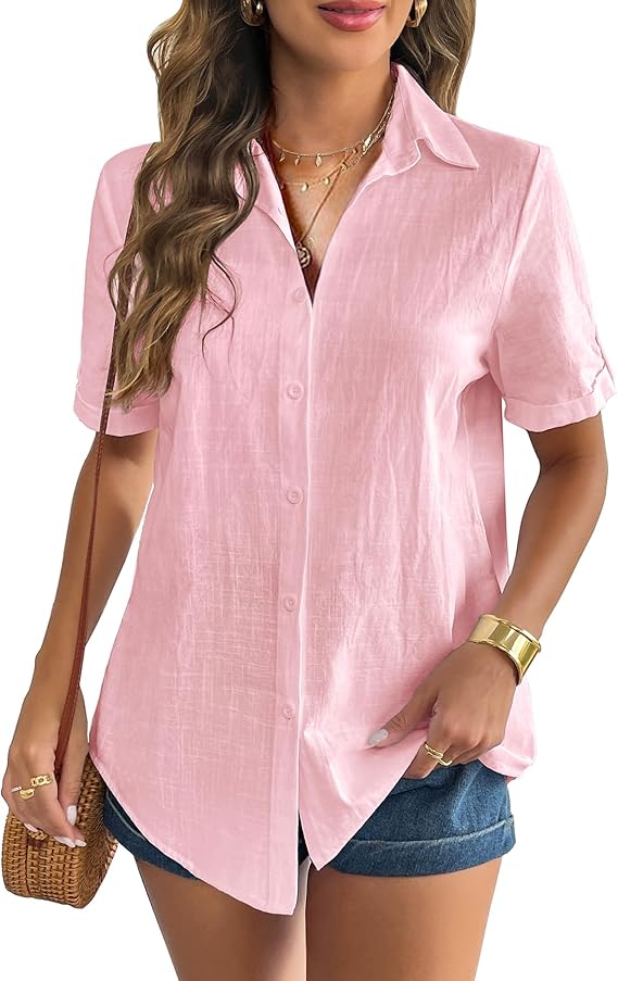 Zeagoo Women Linen Button Down Shirt Rolled Cuffed Short Sleeve Blouse Ladies Summer Casual V Neck Beach Cotton Tops