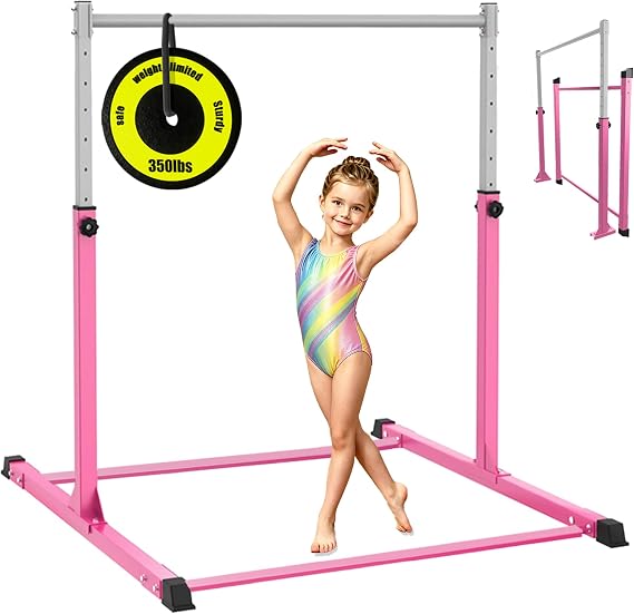 Gymnastics Bar for Kids, Adjustable Height Kip Bar, Home Gym Training Bar for Junior Gymnasts, Sturdy & Safe, Foldable Gymnastic Equipment for Indoor Practice，Pink