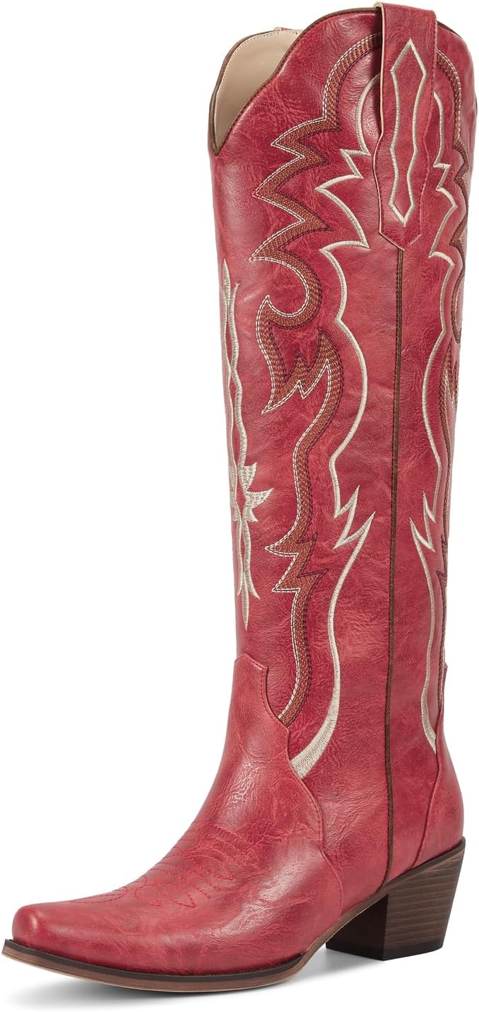 wetkiss Black Cowboy Boots for Women Knee High Cowgirl Tall Boots with Classic Retro Embroidered Chunky Heel Slip On Pointed Toe Womens Western Boots for Girls Ladies