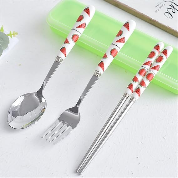 Silverware Set, Ceramic Handle Dinnerware Set Flatware Kitchen Accessories Camping Travel Sets Fork Spoon Portable Cutlery Sets with Case, Lemon Strawberry Watermelon Pineapple Fruit series