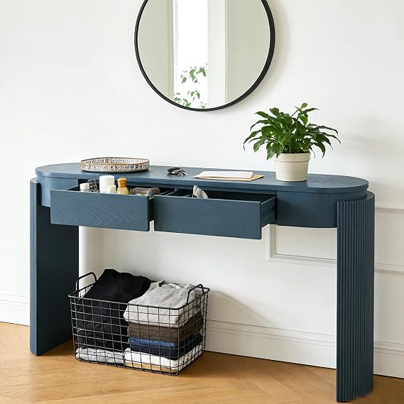 55.1" Console Table with 2 Drawers, Farmhouse Entryway Table with Rounded Corners, Narrow Long Console Table Behind Couch for Living Room/Hallway/Foyer - Navy Blue