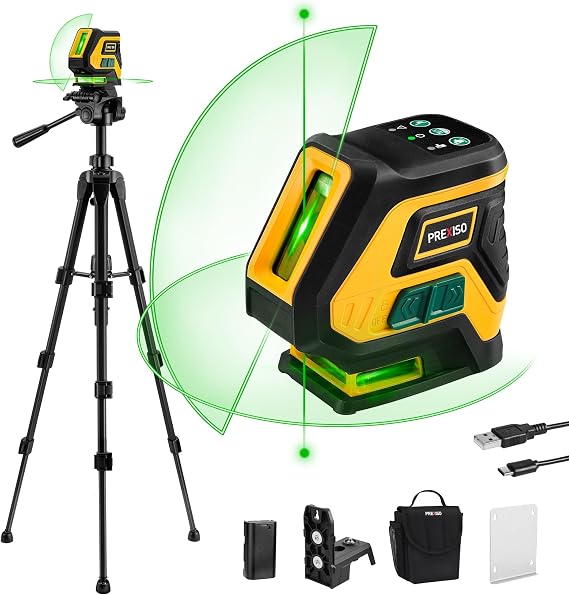 PREXISO Laser Level with Tripod & 2 Plumb Dots, 100Ft Rechargeable Leveler | Point Cross Laser Level Self Leveling - Plumb Spot Alignment Wide Angle Laser Line for Construction, Ceiling, Floor Tile