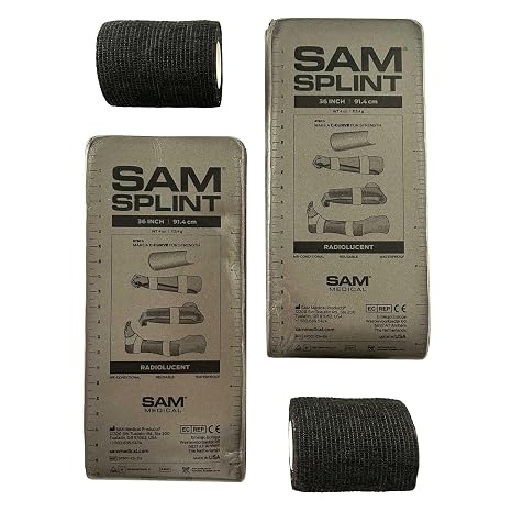 Rescue Essentials SAM Splint Combo Pack, (2) 4.25" x 36" Charcoal Gray Flat Fold Moldable Splints for Fracture & Sprain Immobilization Plus (2) 3" x 5 Yards Black Cohesive Wrap, First Aid Emergency Use- 4 Piece Kit