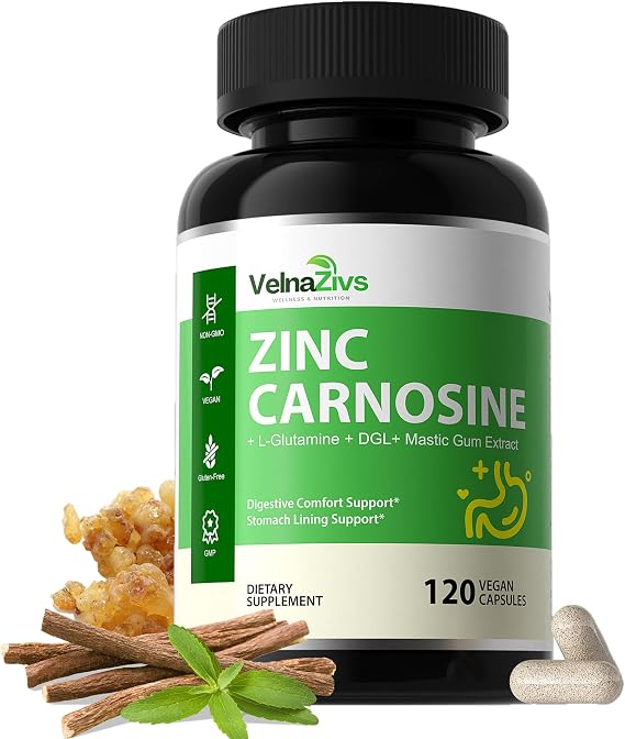 Zinc Carnosine & Mastic Gum Capsules with DGL Gut Lining Supplement 120 Ct | Zinc L-Carnosine 75mg, Stomach Support & Digestive for Sensitive Stomach 120 Vegan Capsules/ 60-Day Supply, Non-GMO