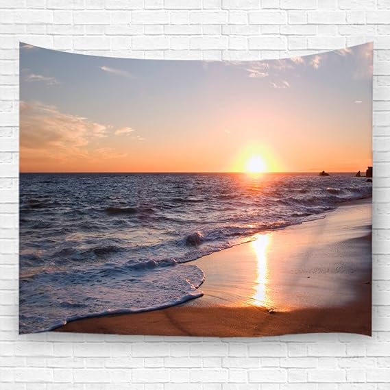 goodbath Beach Tapestry, Ocean Coastal Sunset Wall Tapestries for Living Room Bedroom Dorm Home Office, 80" x 60", Orange Blue Brown