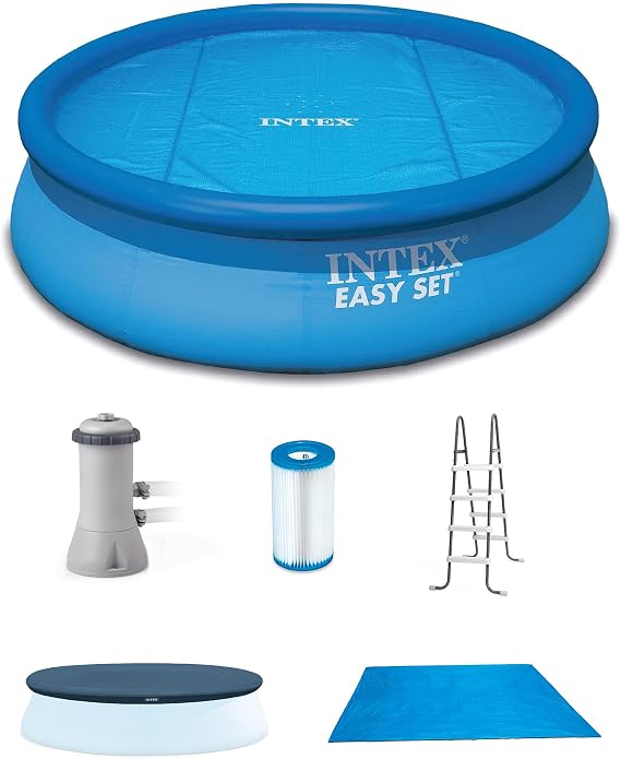 Intex 15ft x 48in Easy Set Above Ground Inflatable Ring Top Swimming Pool with Filter Catridge Pump and Solar Cover