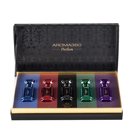 Aroma360 | Parfum Discovery Set | Set of 5 x10mL perfumes | Blue, Red, Green, Black & Purple | Unisex Perfume Set