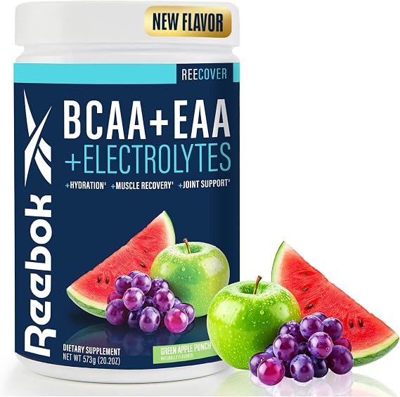 Reebok REEcover BCAA Amino Acids + Electrolytes, Green Apple Punch | 8g EAAs, 5g BCAAs, 610 MG Elecrolytes, Hydration Matrix, Muscle Recovery & Strength, Post-workout, 30 Servings