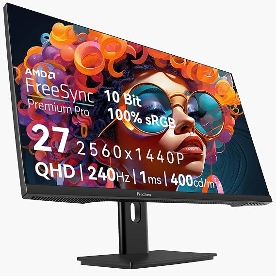 27 Inch 2K 240Hz QHD 2560x1440P Gaming Monitor, 1ms, 400cd/m2, 100% sRGB PC Screen, AMD FreeSync Premium Pro Compatible, 2X DispalyPort 1.4 & HDMI 2.0, Dual Built-in Speakers, VESA Supports, Black