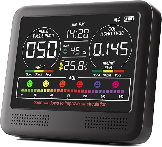 16-in-1 Indoor Air Quality Monitor with PM1.0,PM2.5,PM10,CO2,HCHO,TVOC,Temperature,Humidity,Time Display &7 AQI Alarms Professional Air Quality Tester for Home, Office & Indoor Use (Jet Black)
