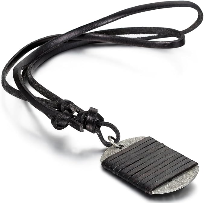 OIDEA Hip Hop Dog Tag Dual Leather Strap Wrapped Leather Chain Necklace for Men Birthday Gift, Size Adjustable